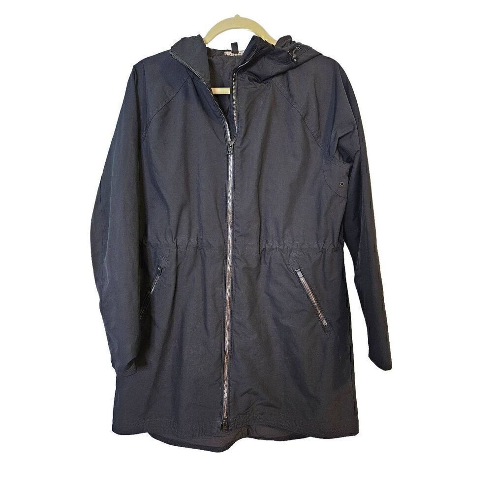 Athleta black spring/fall hooded mid length jacket. Size XS.